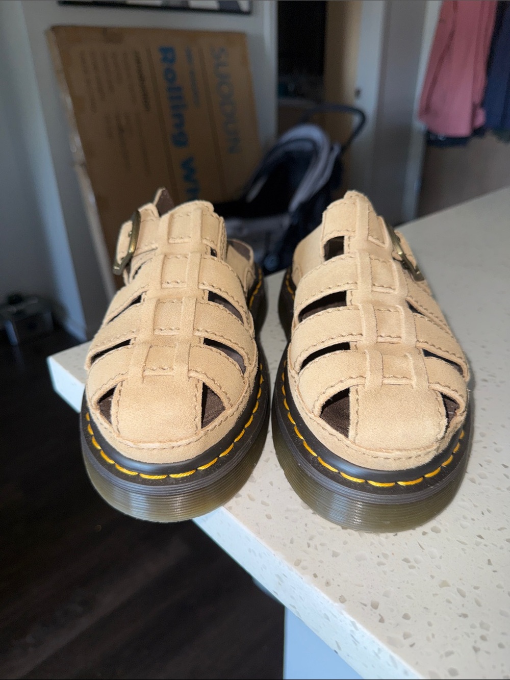 Dr. Martens Tan Fisherman Sandals with Yellow Stitching Size 7